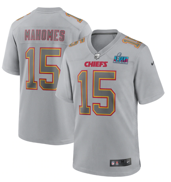Men's Kansas City Chiefs #15 Patrick Mahomes Grey Super Bowl LVII Patch Atmosphere Fashion Stitched Game Jersey Men's Kansas City Chiefs #15 Patrick Mahomes Grey Super Bowl LVII Patch Atmosphere Fashion Stitched Game Jersey