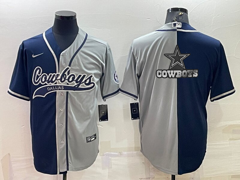 Men's Dallas Cowboys Navy/Grey Split Team Big Logo With Patch Cool Base Stitched Baseball Jersey Men's Dallas Cowboys Navy/Grey Split Team Big Logo With Patch Cool Base Stitched Baseball Jersey