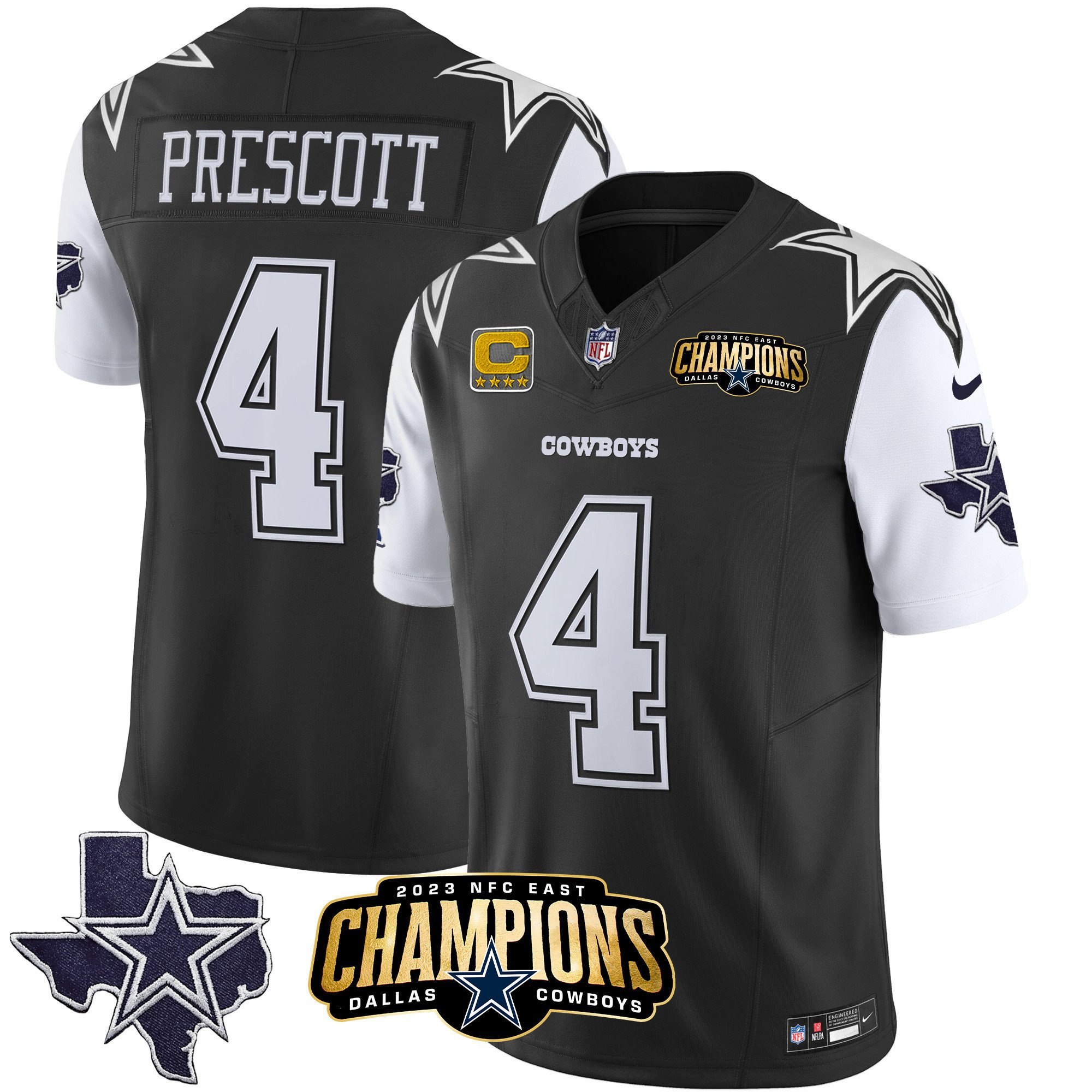 Men's Dallas Cowboys #4 Dak Prescott Black/White 2023 F.U.S.E. NFC East Champions With 4-star C Ptach Stitched Football Jersey Men's Dallas Cowboys #4 Dak Prescott Black/White 2023 F.U.S.E. NFC East Champions With 4-star C Ptach Stitched Football Jersey