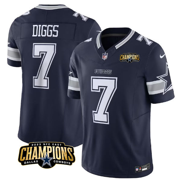Men's Dallas Cowboys #7 Trevon Diggs Navy 2023 F.U.S.E. NFC East Champions Patch Stitched Football Jersey Men's Dallas Cowboys #7 Trevon Diggs Navy 2023 F.U.S.E. NFC East Champions Patch Stitched Football Jersey