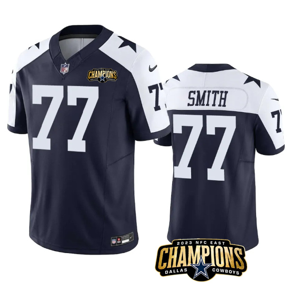 Men's Dallas Cowboys #77 Tyron Smith Navy/White 2023 F.U.S.E. NFC East Champions Patch Stitched Football Jersey Men's Dallas Cowboys #77 Tyron Smith Navy/White 2023 F.U.S.E. NFC East Champions Patch Stitched Football Jersey