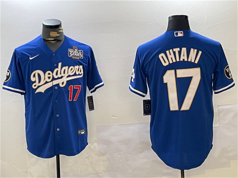 Men's Los Angeles Dodgers #17 Shohei Ohtani Blue 2024 World Series Vin Patch Cool Base Stitched Baseball Jersey Men's Los Angeles Dodgers #17 Shohei Ohtani Blue 2024 World Series Vin Patch Cool Base Stitched Baseball Jersey