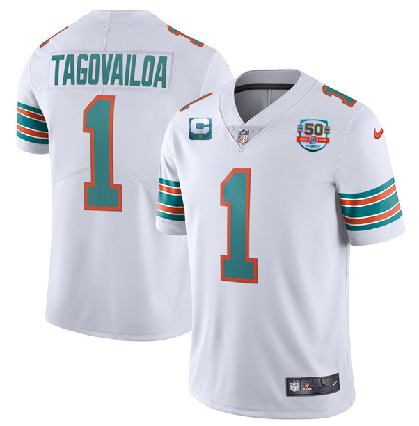 Men's Miami Dolphins Customized White With 1-Star C Patch 50th Perfect Season Patch Stitched Jersey