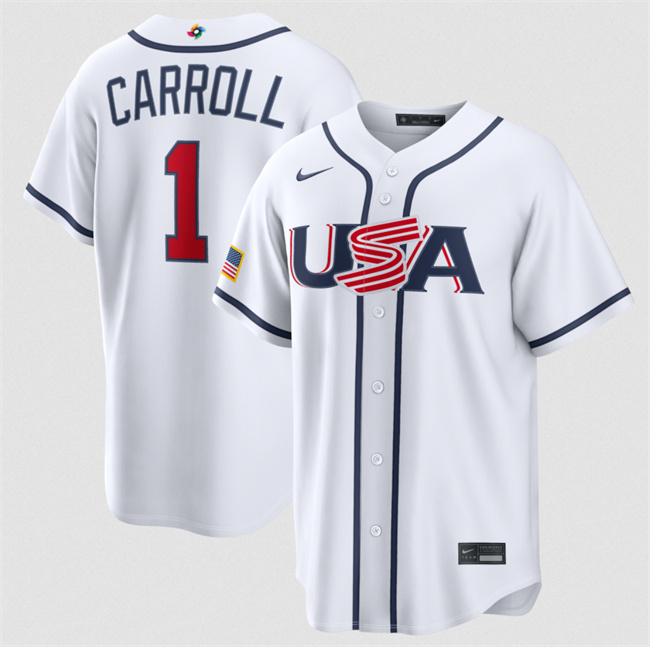 Men's USA Baseball #1 Corbin Carroll White 2026 World Baseball Classic Home Stadium Stitched Jersey Men's USA Baseball #1 Corbin Carroll White 2026 World Baseball Classic Home Stadium Stitched Jersey