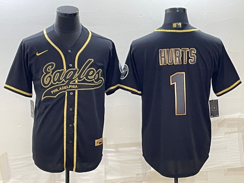 Men's Philadelphia Eagles #1 Jalen Hurts Black Gold With Patch Cool Base Stitched Baseball Jersey Men's Philadelphia Eagles #1 Jalen Hurts Black Gold With Patch Cool Base Stitched Baseball Jersey