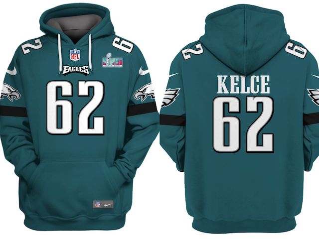 Men's Philadelphia Eagles #62 Jason Kelce White Super Bowl LVII Patch Pullover Hoodie Men's Philadelphia Eagles #62 Jason Kelce White Super Bowl LVII Patch Pullover Hoodie