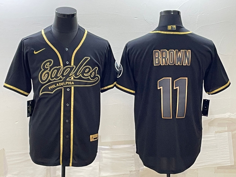 Men's Philadelphia Eagles #11 A. J. Brown Black Gold With Patch Cool Base Stitched Baseball Jersey Men's Philadelphia Eagles #11 A. J. Brown Black Gold With Patch Cool Base Stitched Baseball Jersey