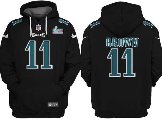 Men's Philadelphia Eagles #11 A.J. Brown Black Super Bowl LVII Patch Pullover Hoodie Men's Philadelphia Eagles #11 A.J. Brown Black Super Bowl LVII Patch Pullover Hoodie