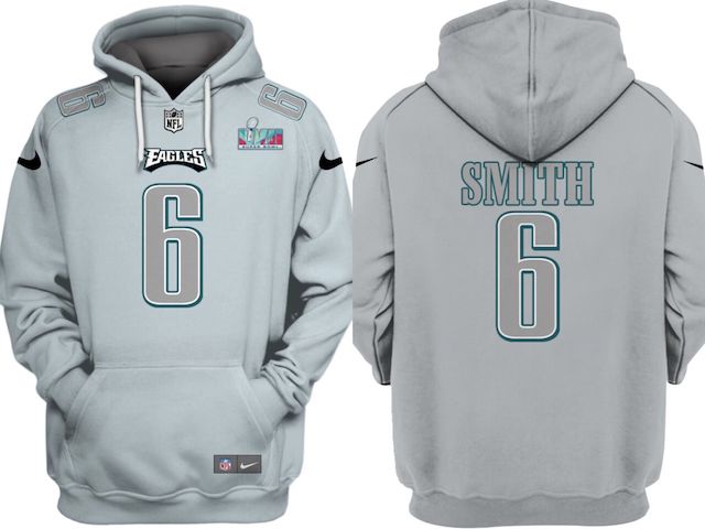 Men's Philadelphia Eagles #6 DeVonta Smith Grey Atmosphere Fashion Super Bowl LVII Patch Pullover Hoodie Men's Philadelphia Eagles #6 DeVonta Smith Grey Atmosphere Fashion Super Bowl LVII Patch Pullover Hoodie