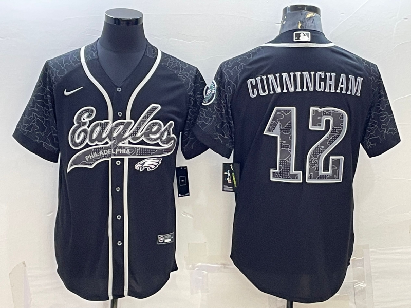 Men's Philadelphia Eagles #12 Randall Cunningham Black Reflective With Patch Cool Base Stitched Baseball Jersey Men's Philadelphia Eagles #12 Randall Cunningham Black Reflective With Patch Cool Base Stitched Baseball Jersey