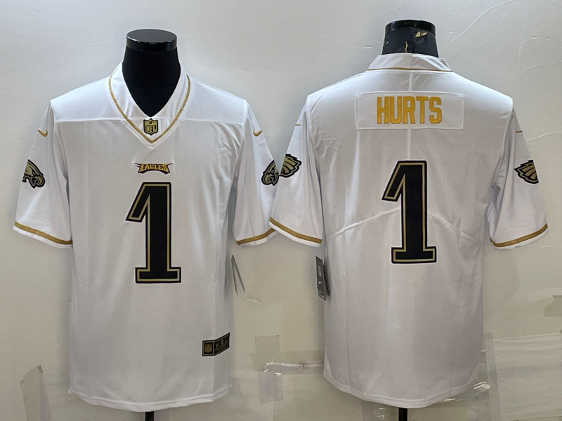Men's Philadelphia Eagles #1 Jalen Hurts White Gold Limited Stitched Jersey Men's Philadelphia Eagles #1 Jalen Hurts White Gold Limited Stitched Jersey
