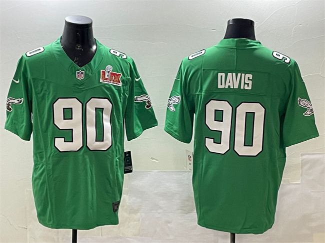 Men's Philadelphia Eagles #90 Jordan Davis Green 2025 Super Bowl LIX Patch F.U.S.E. Throwback Vapor Untouchable Limited Stitched Football Jersey Men's Philadelphia Eagles #90 Jordan Davis Green 2025 Super Bowl LIX Patch F.U.S.E. Throwback Vapor Untouchable Limited Stitched Football Jersey