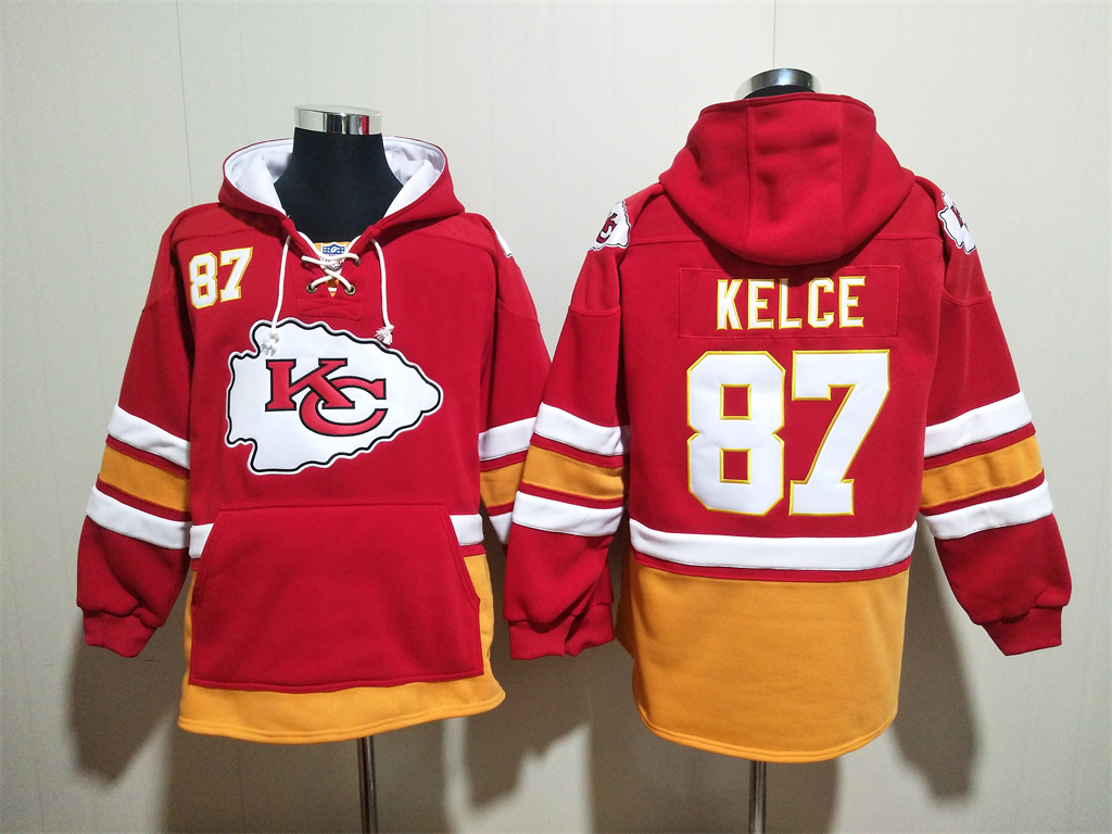 Men's Kansas City Chiefs #87 Travis Kelce Red Lace-Up Pullover Hoodie Men's Kansas City Chiefs #87 Travis Kelce Red Lace-Up Pullover Hoodie