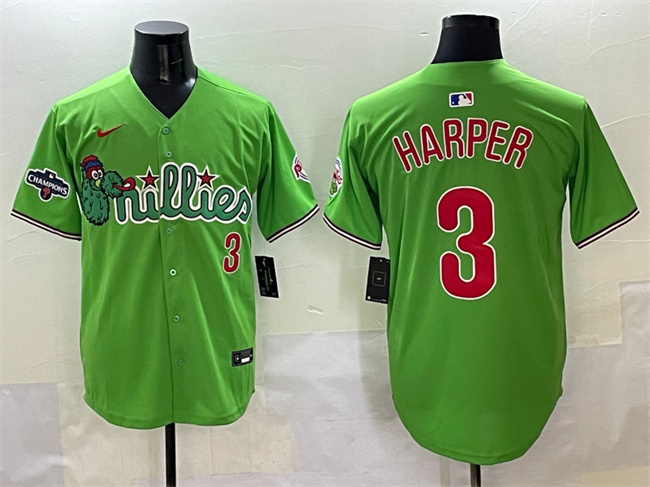 Men's Philadelphia Phillies #3 Bryce Harper Light Green Phanatic With 2024 Division Champions Patch Limited Stitched Jersey Men's Philadelphia Phillies #3 Bryce Harper Light Green Phanatic With 2024 Division Champions Patch Limited Stitched Jersey