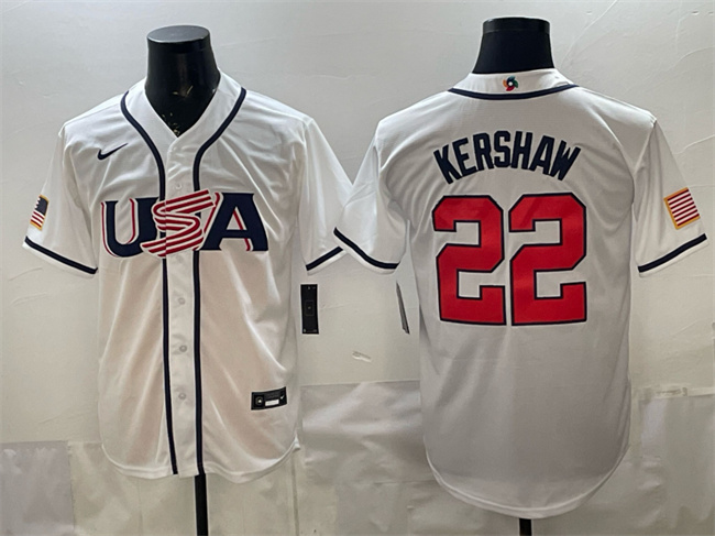 Men's USA Baseball #22 Clayton Kershaw White 2026 World Baseball Classic Home Stadium Stitched Jersey Men's USA Baseball #22 Clayton Kershaw White 2026 World Baseball Classic Home Stadium Stitched Jersey