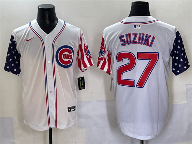 Men's Chicago Cubs #27 Seiya Suzuki White 2025 Independence Day Vapor Premier Limited Stitched Baseball Jersey Men's Chicago Cubs #27 Seiya Suzuki White 2025 Independence Day Vapor Premier Limited Stitched Baseball Jersey
