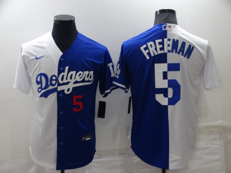 Men's Los Angeles Dodgers #5 Freddie Freeman White/Blue Split Cool Base Stitched Baseball Jersey Men's Los Angeles Dodgers #5 Freddie Freeman White/Blue Split Cool Base Stitched Baseball Jersey