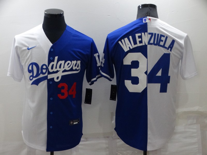Men's Los Angeles Dodgers #34 Toro Valenzuela White/Blue Split Cool Base Stitched Baseball Jersey Men's Los Angeles Dodgers #34 Toro Valenzuela White/Blue Split Cool Base Stitched Baseball Jersey
