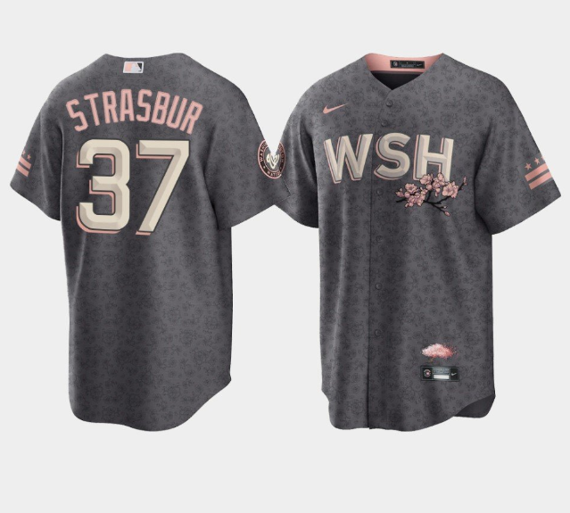 Men's Washington Nationals #37 Stephen Strasbur 2022 Grey City Connect Cherry Blossom Cool Base Stitched Jersey Men's Washington Nationals #37 Stephen Strasbur 2022 Grey City Connect Cherry Blossom Cool Base Stitched Jersey