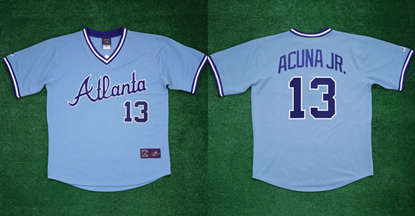 Men's Atlanta Braves #13 Ronald Acuña Jr 1982 Light Blue Cool Base Stitched Baseball Jersey Men's Atlanta Braves #13 Ronald Acuña Jr 1982 Light Blue Cool Base Stitched Baseball Jersey