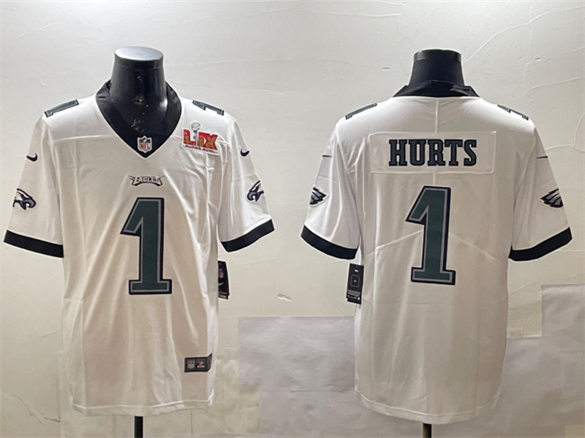 Men's Philadelphia Eagles #1 Jalen Hurts White 2025 Super Bowl LIX Patch Vapor Untouchable Limited Stitched Football Jersey Men's Philadelphia Eagles #1 Jalen Hurts White 2025 Super Bowl LIX Patch Vapor Untouchable Limited Stitched Football Jersey