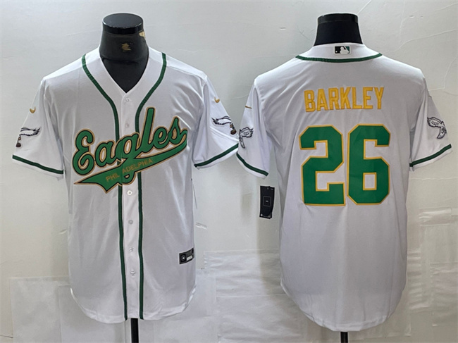 Men's Philadelphia Eagles #26 Saquon Barkley White/Gold Cool Base Stitched Baseball Jersey Men's Philadelphia Eagles #26 Saquon Barkley White/Gold Cool Base Stitched Baseball Jersey