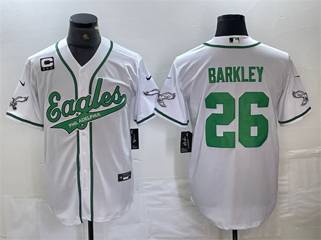 Men's Philadelphia Eagles #26 Saquon Barkley White With 3-star C Patch Cool Base Stitched Baseball Jersey Men's Philadelphia Eagles #26 Saquon Barkley White With 3-star C Patch Cool Base Stitched Baseball Jersey