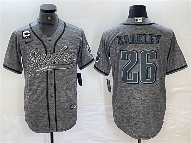 Men's Philadelphia Eagles #26 Saquon Barkley Grey With 3-star C Patch Cool Base Stitched Baseball Jersey Men's Philadelphia Eagles #26 Saquon Barkley Grey With 3-star C Patch Cool Base Stitched Baseball Jersey