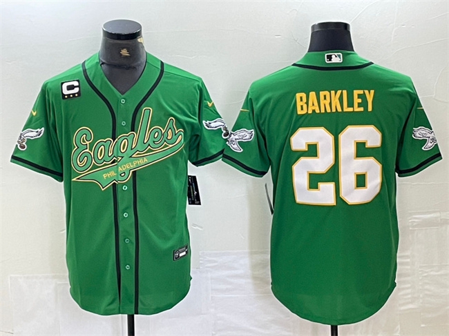 Men's Philadelphia Eagles #26 Saquon Barkley Green/Gold With 3-star C Patch Cool Base Stitched Baseball Jersey Men's Philadelphia Eagles #26 Saquon Barkley Green/Gold With 3-star C Patch Cool Base Stitched Baseball Jersey