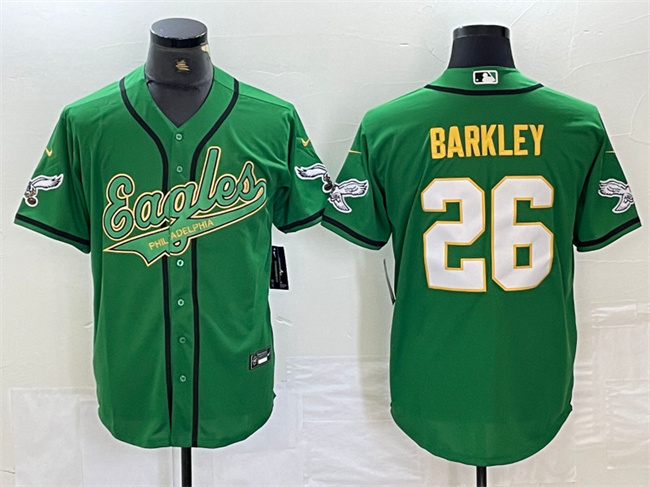 Men's Philadelphia Eagles #26 Saquon Barkley Green/Gold Cool Base Stitched Baseball Jersey Men's Philadelphia Eagles #26 Saquon Barkley Green/Gold Cool Base Stitched Baseball Jersey