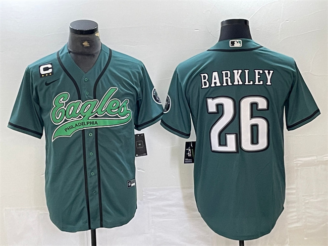 Men's Philadelphia Eagles #26 Saquon Barkley Green With 3-star C Patch Cool Base Stitched Baseball Jersey Men's Philadelphia Eagles #26 Saquon Barkley Green With 3-star C Patch Cool Base Stitched Baseball Jersey