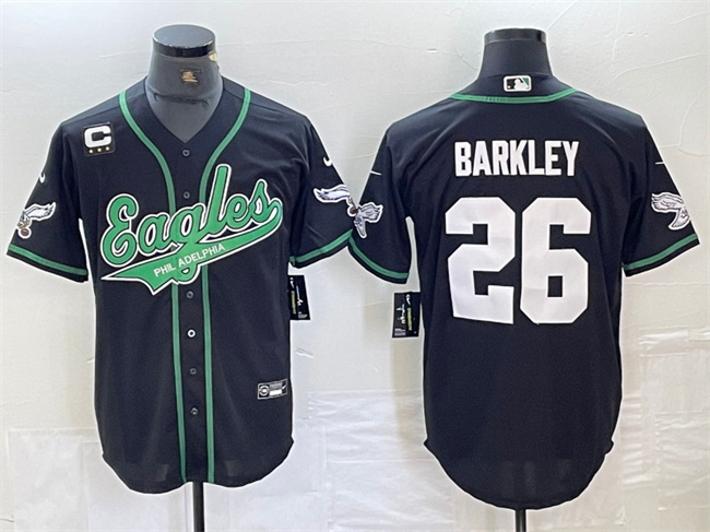 Men's Philadelphia Eagles #26 Saquon Barkley Black With 3-star C Patch Cool Base Stitched Baseball Jersey Men's Philadelphia Eagles #26 Saquon Barkley Black With 3-star C Patch Cool Base Stitched Baseball Jersey