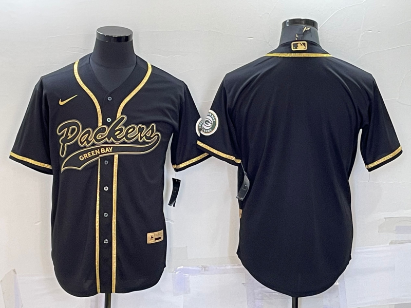 Men's Green Bay Packers Blank Black Gold With Patch Cool Base Stitched Baseball Jersey Men's Green Bay Packers Blank Black Gold With Patch Cool Base Stitched Baseball Jersey