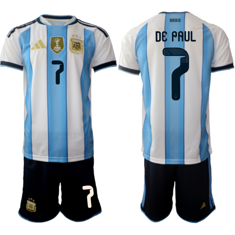 Men's Argentina #7 Rodrigo Javier De Paul White/Blue 2025-26 Home Soccer Jersey Suit