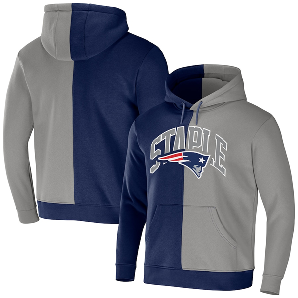 Men's New England Patriots Navy/Grey Split Logo Pullover Hoodie Men's New England Patriots Navy/Grey Split Logo Pullover Hoodie