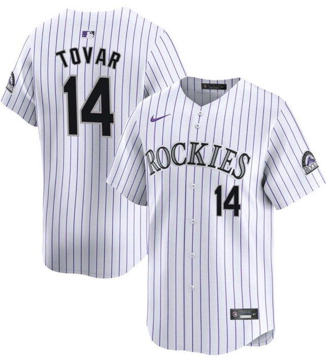Men's Colorado Rockies #14 Ezequiel Tovar White Home Limited Stitched Baseball Jersey Men's Colorado Rockies #14 Ezequiel Tovar White Home Limited Stitched Baseball Jersey