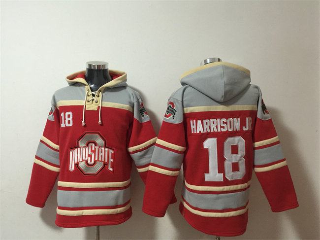 Men's Ohio State Buckeyes #18 Marvin Harrison JR. Red/GreyAgeless Must-Have Lace-Up Pullover Hoodie Men's Ohio State Buckeyes #18 Marvin Harrison JR. Red/GreyAgeless Must-Have Lace-Up Pullover Hoodie