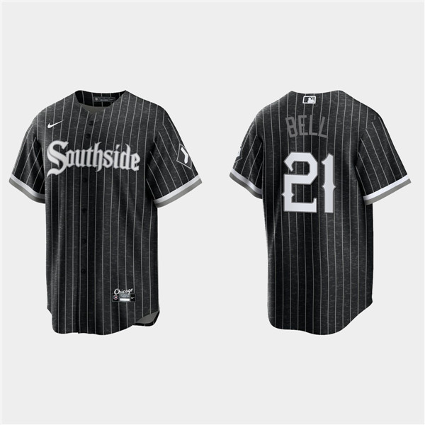 Men's Chicago White Sox #21 George Bell Black 2021 City Connect Cool Base Stitched Jersey Men's Chicago White Sox #21 George Bell Black 2021 City Connect Cool Base Stitched Jersey
