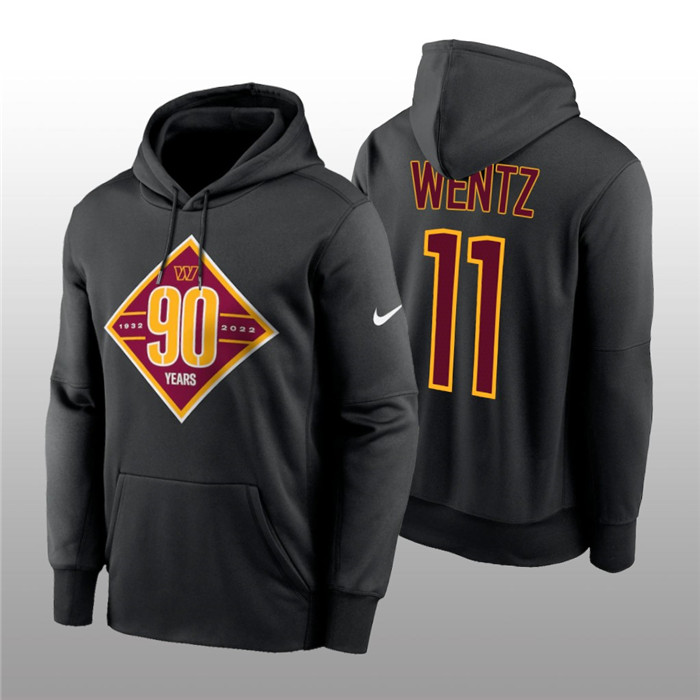 Men's Washington Commanders #11 Carson Wentz Black 90th Anniversary Performance Pullover Hoodie Men's Washington Commanders #11 Carson Wentz Black 90th Anniversary Performance Pullover Hoodie