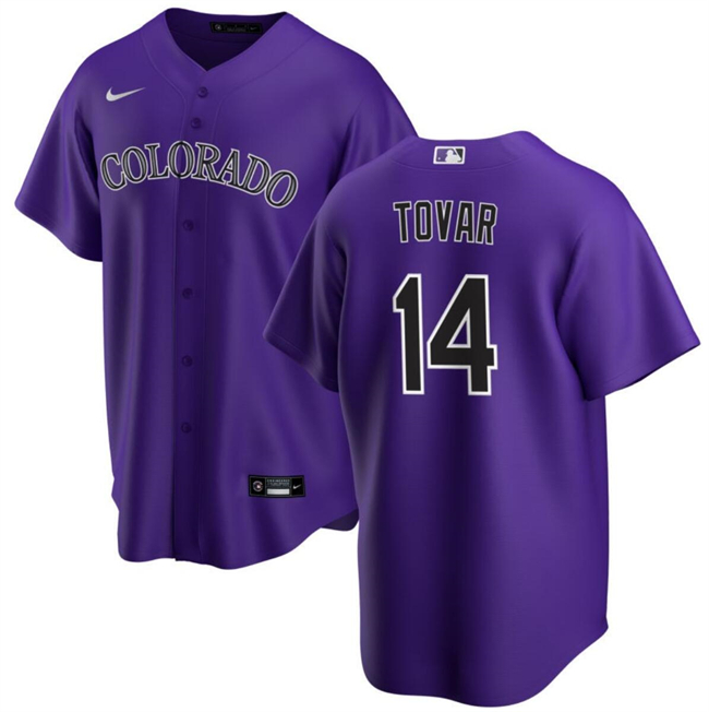 Men's Colorado Rockies #14 Ezequiel Tovar Purple Cool Base Stitched Baseball Jersey Men's Colorado Rockies #14 Ezequiel Tovar Purple Cool Base Stitched Baseball Jersey