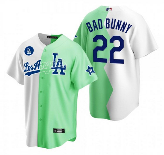 Men's Los Angeles Dodgers #22 Bad Bunny 2022 All-Star White/Green Cool Base Stitched Baseball Jersey Men's Los Angeles Dodgers #22 Bad Bunny 2022 All-Star White/Green Cool Base Stitched Baseball Jersey
