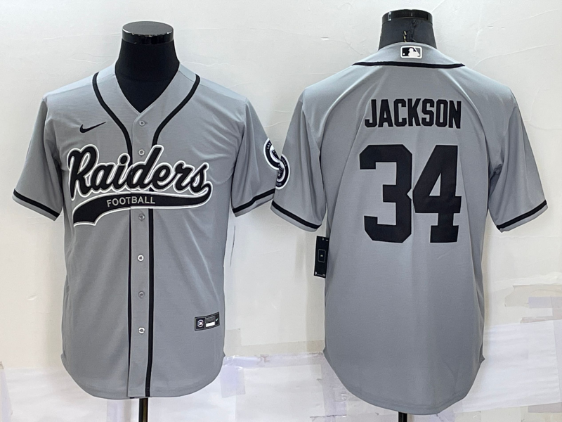 Men's Las Vegas Raiders #34 Bo Jackson Grey Cool Base Stitched Baseball Jersey Men's Las Vegas Raiders #34 Bo Jackson Grey Cool Base Stitched Baseball Jersey