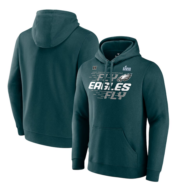 Men's Philadelphia Eagles Midnight Green 2022 NFC Champions Team Slogan Pullover Hoodie Men's Philadelphia Eagles Midnight Green 2022 NFC Champions Team Slogan Pullover Hoodie
