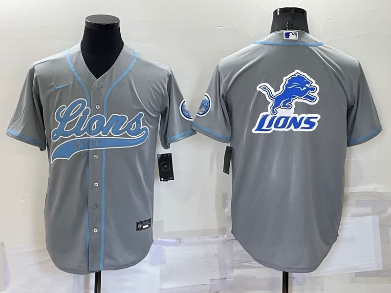 Men's Detroit Lions Gray Team Big Logo With Patch Cool Base Stitched Baseball Jersey Men's Detroit Lions Gray Team Big Logo With Patch Cool Base Stitched Baseball Jersey