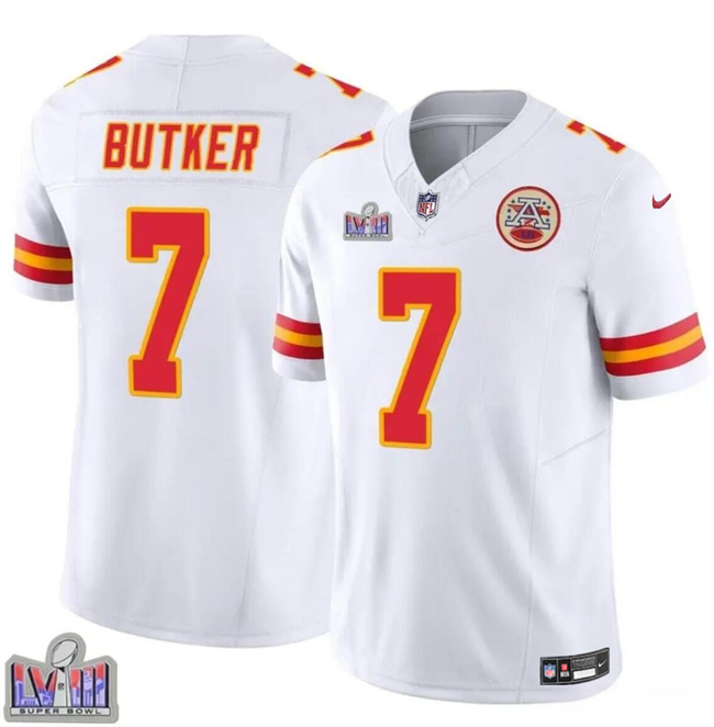 Men's Kansas City Chiefs #7 Harrison Butker White F.U.S.E. Super Bowl LVIII Patch Vapor Untouchable Limited Stitched Football Jersey Men's Kansas City Chiefs #7 Harrison Butker White F.U.S.E. Super Bowl LVIII Patch Vapor Untouchable Limited Stitched Football Jersey