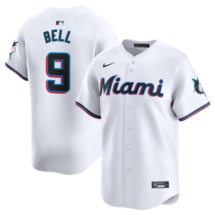 Men's Miami Marlins #9 Josh Bell White 2024 Home Limited Stitched Baseball Jersey Men's Miami Marlins #9 Josh Bell White 2024 Home Limited Stitched Baseball Jersey