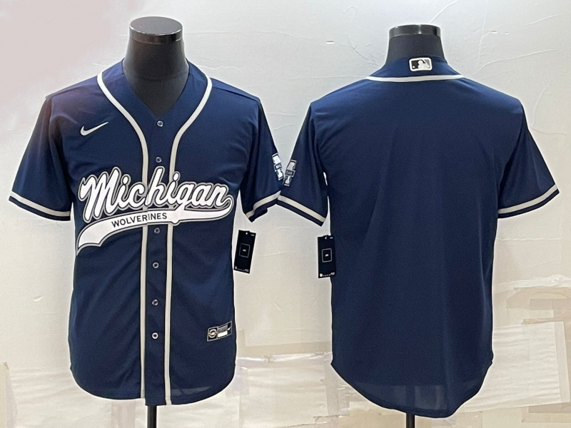 Men's Michigan Wolverines Blank Navy With Patch Cool Base Stitched Baseball Jersey Men's Michigan Wolverines Blank Navy With Patch Cool Base Stitched Baseball Jersey