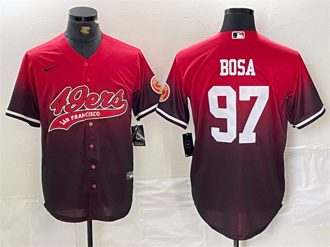 Men's San Francisco 49ers #97 Nick Bosa Red/Black With Patch Cool Base Stitched Baseball Jersey Men's San Francisco 49ers #97 Nick Bosa Red/Black With Patch Cool Base Stitched Baseball Jersey