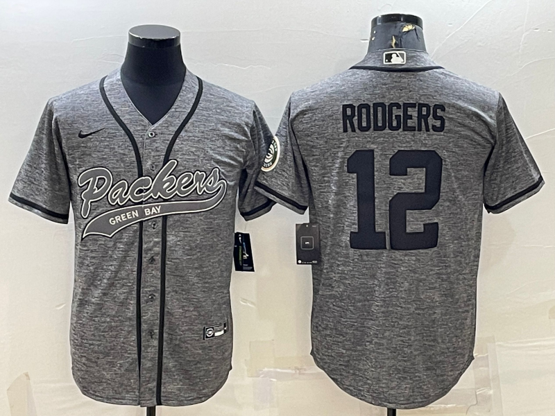 Men's Green Bay Packers #12 Aaron Rodgers Grey With Patch Cool Base Stitched Baseball Jersey Men's Green Bay Packers #12 Aaron Rodgers Grey With Patch Cool Base Stitched Baseball Jersey