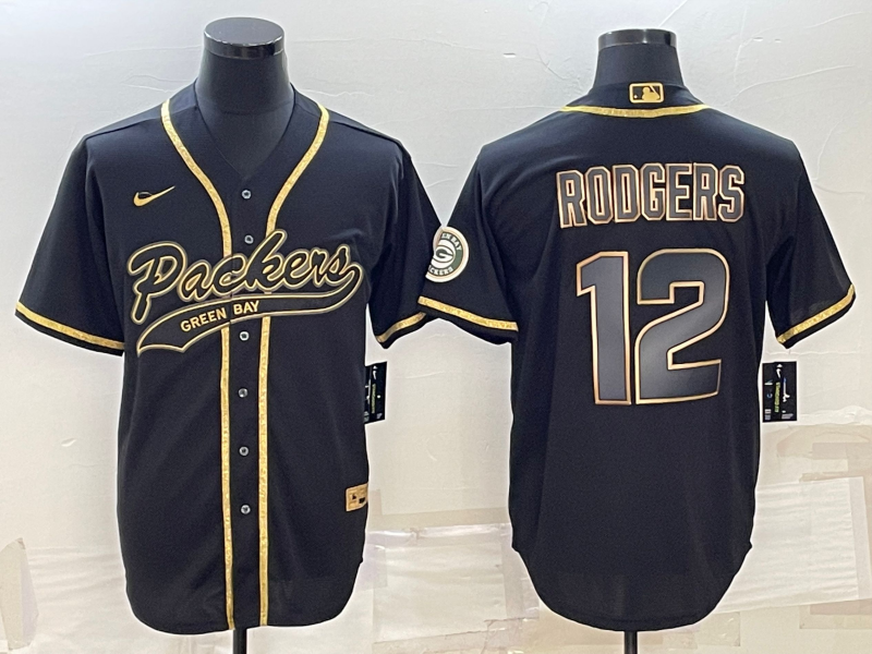 Men's Green Bay Packers #12 Aaron Rodgers Black Gold With Patch Cool Base Stitched Baseball Jersey Men's Green Bay Packers #12 Aaron Rodgers Black Gold With Patch Cool Base Stitched Baseball Jersey